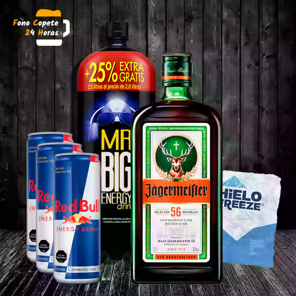 Promo Jager + Mr Big 2.5lt ó 3 Redbull + Hielo