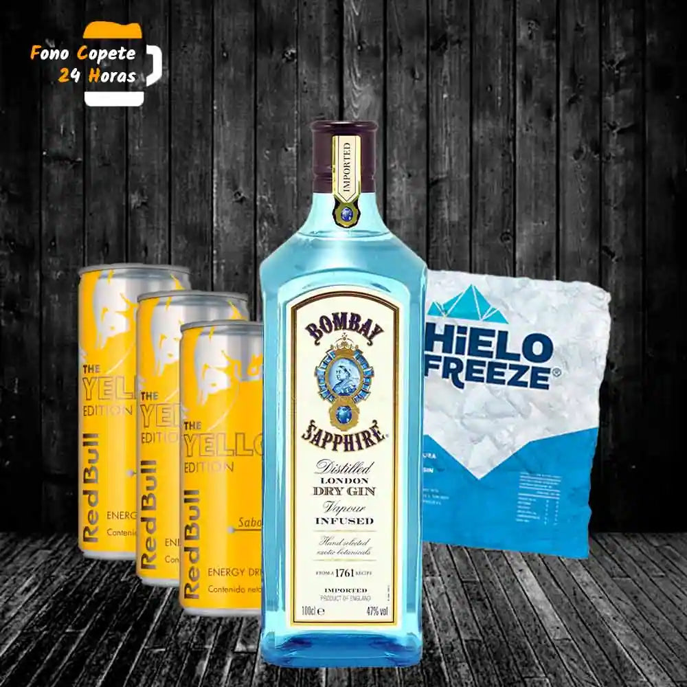 Promo Tropical Gin; Gin Bombay + 3 Redbull Amarillas + Hielo